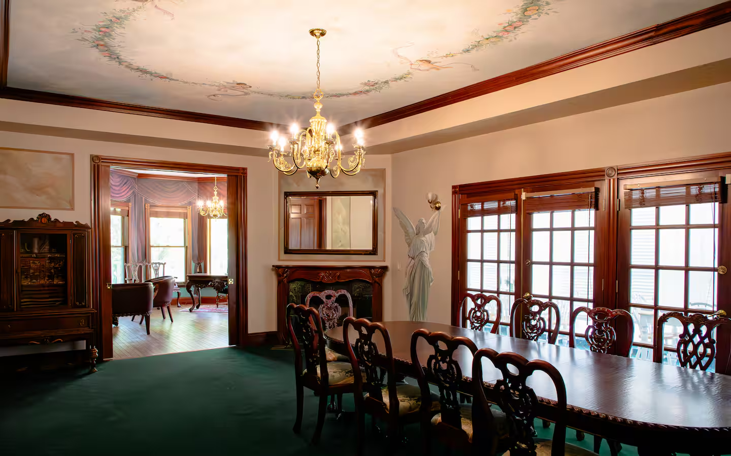 Formal dining hall with chandelier